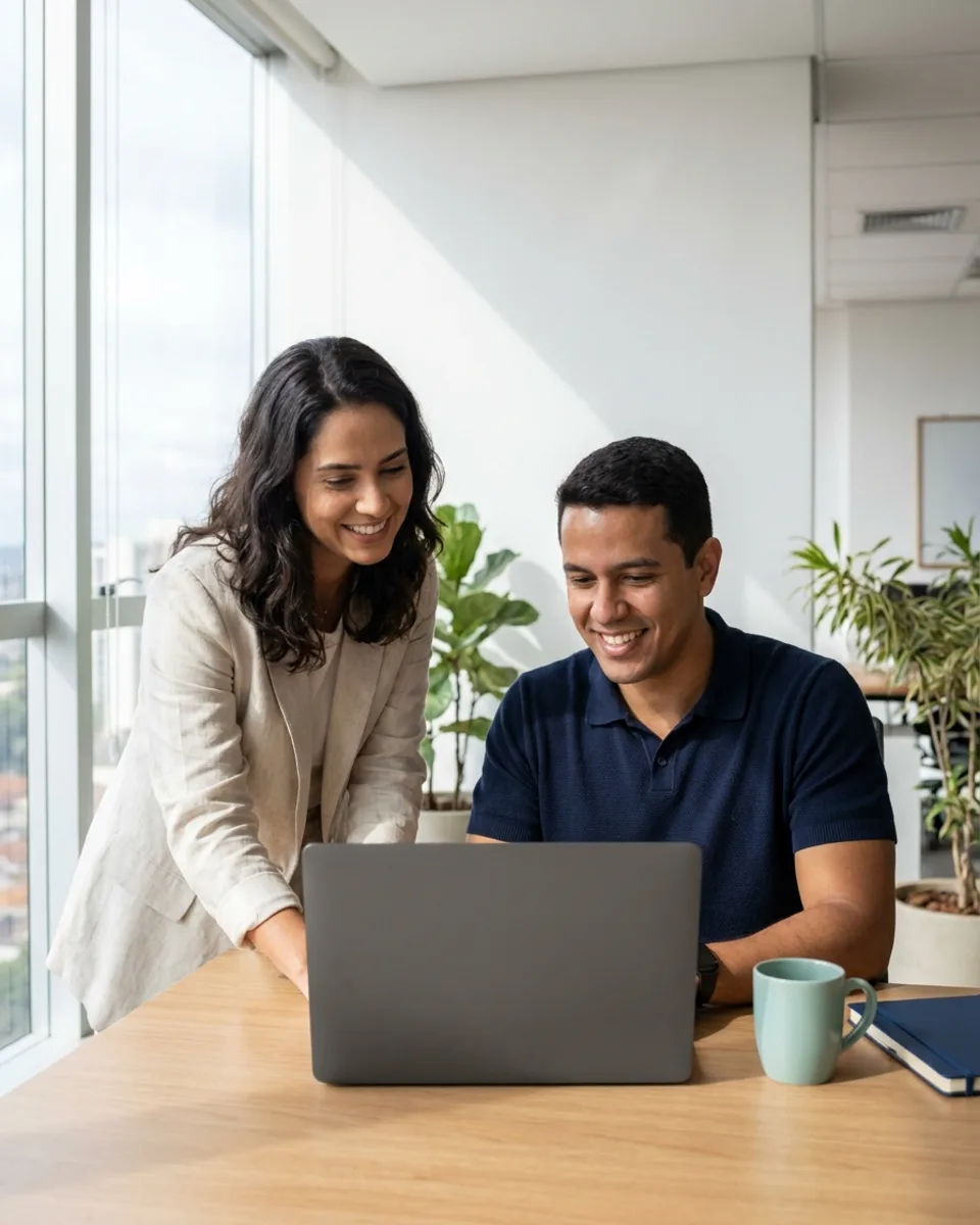 Equipe de agência revisando o calendário dos clientes no notebook